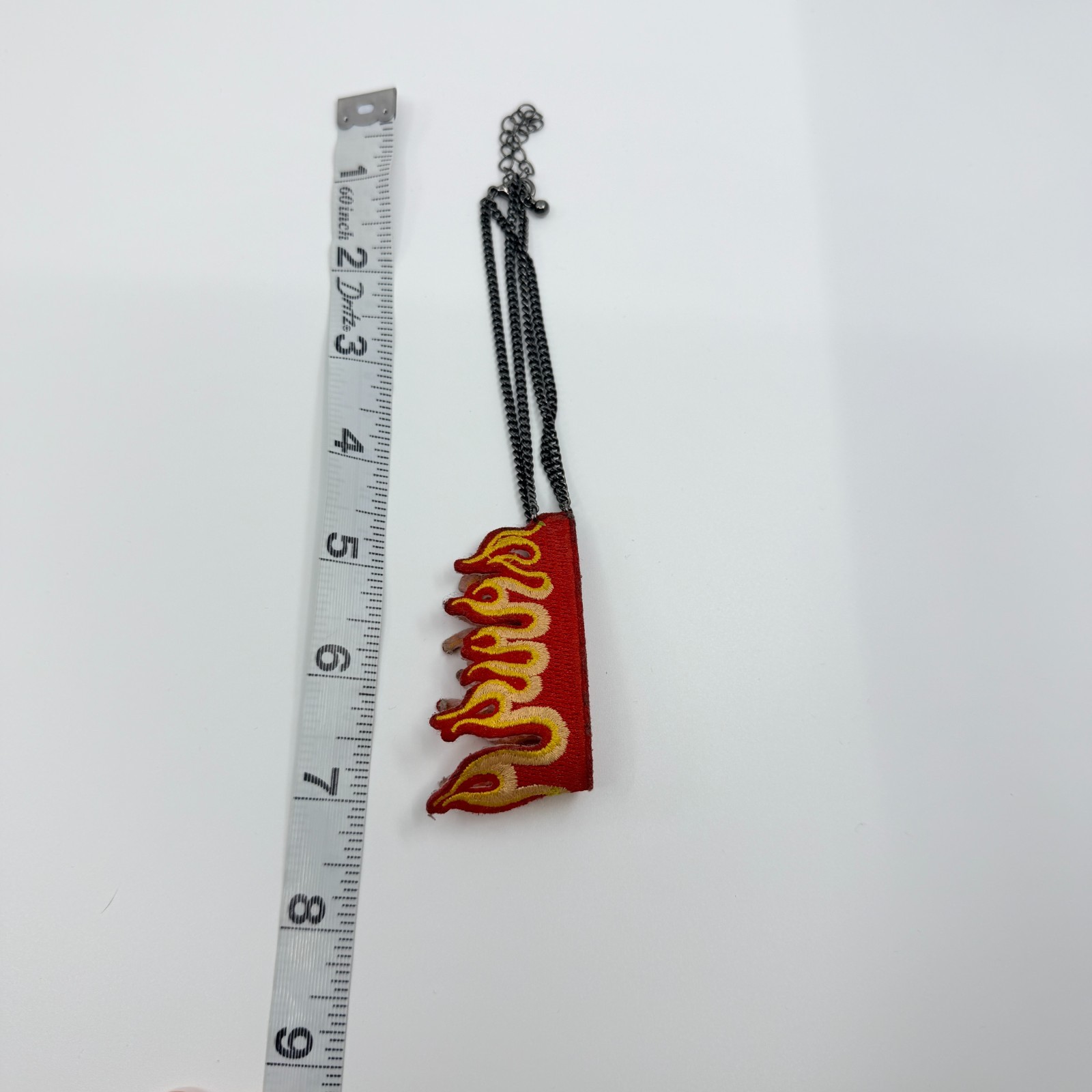 Vintage Flame Choker Necklace Embroidered Fabric Patch Fire Red Gunmetal Y2K 90s