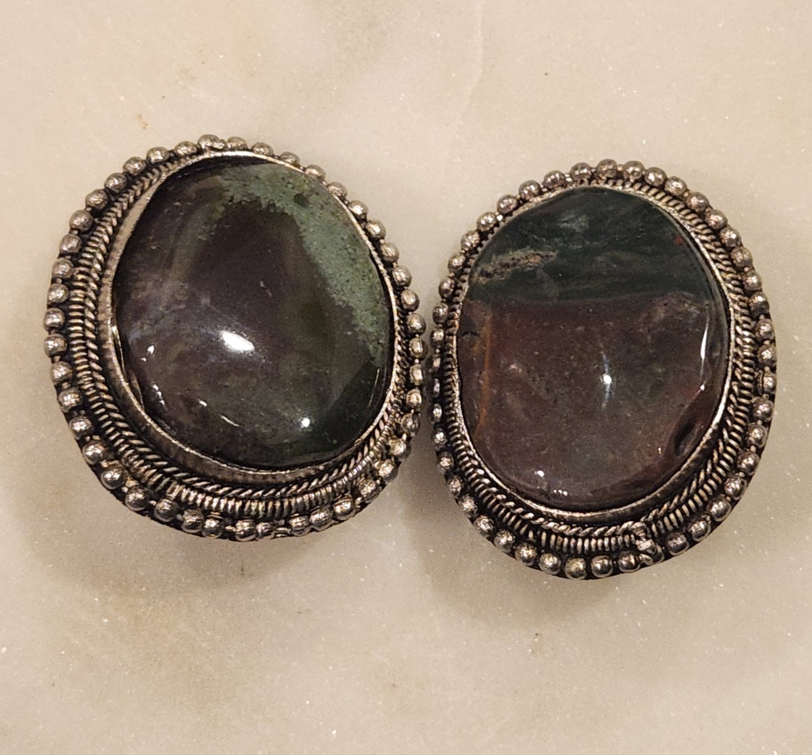 Vintage Clip On Earrings Green Brown Stone Silver Tone Boho Earthy Nature