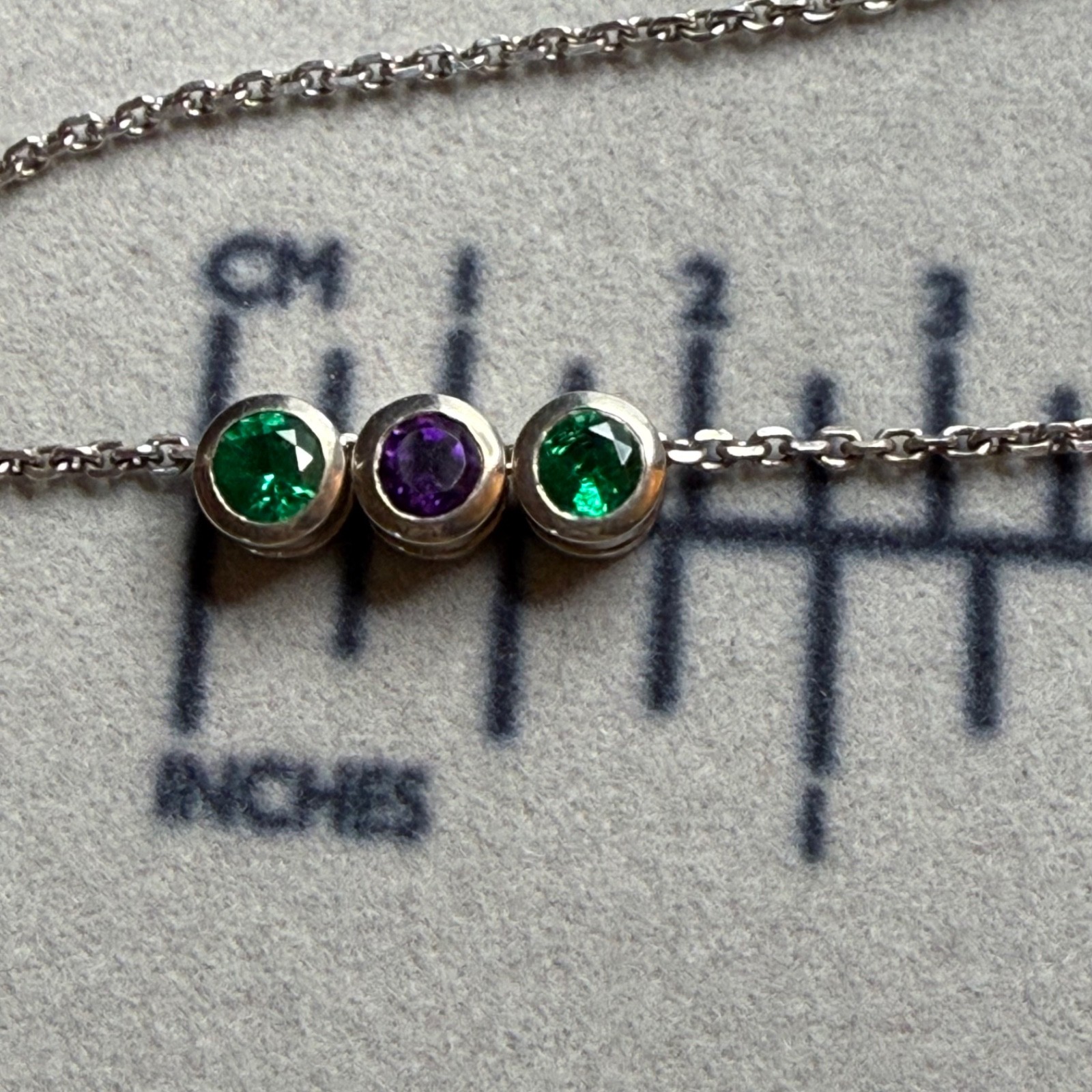 Vintage Sterling Silver 3 Stone Sliding Bezel Station Necklace Green & Purple CZ