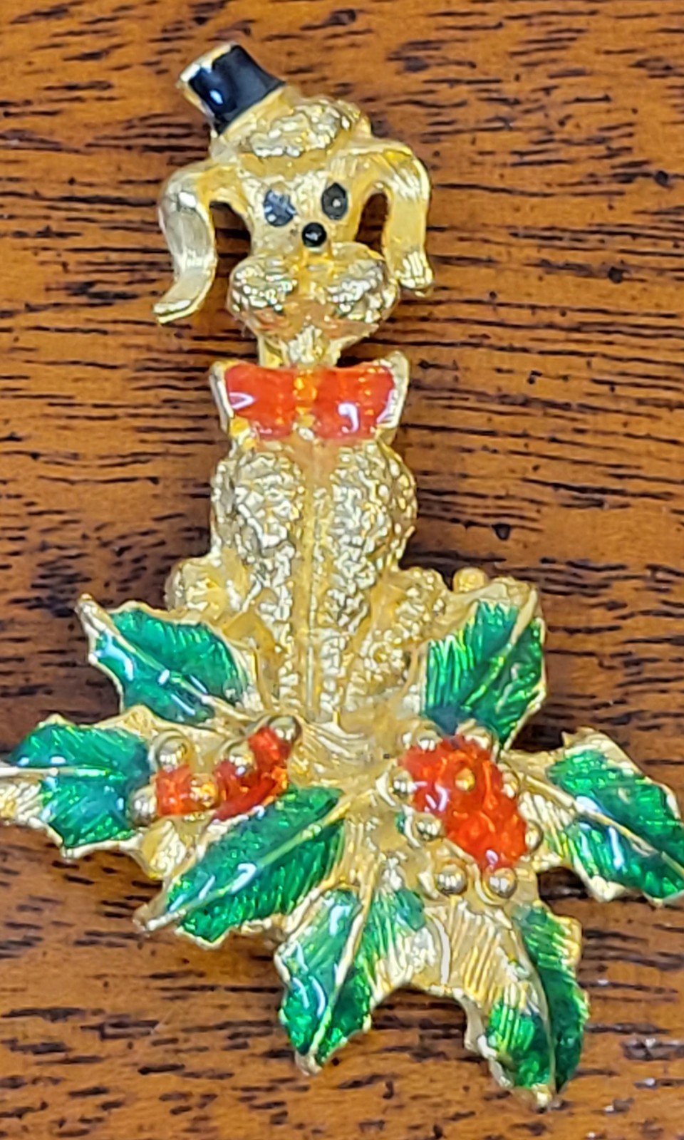 Vintage 1950’s Gold-Tone Christmas Poddle Brooch With Enamel Approximately 2″