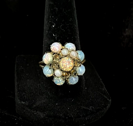 Vintage Austrian Opal Glass Cluster Ring | Mid Century Atomic Cocktail Ring (Rep