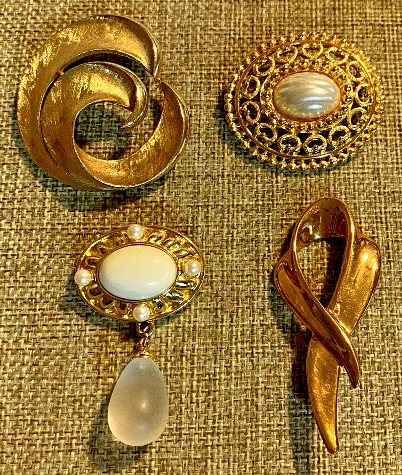 Vintage Brooch Pin Lot of 4 Gold Tone Swirl, Ribbon, Faux Pearl, Oval Teardrop