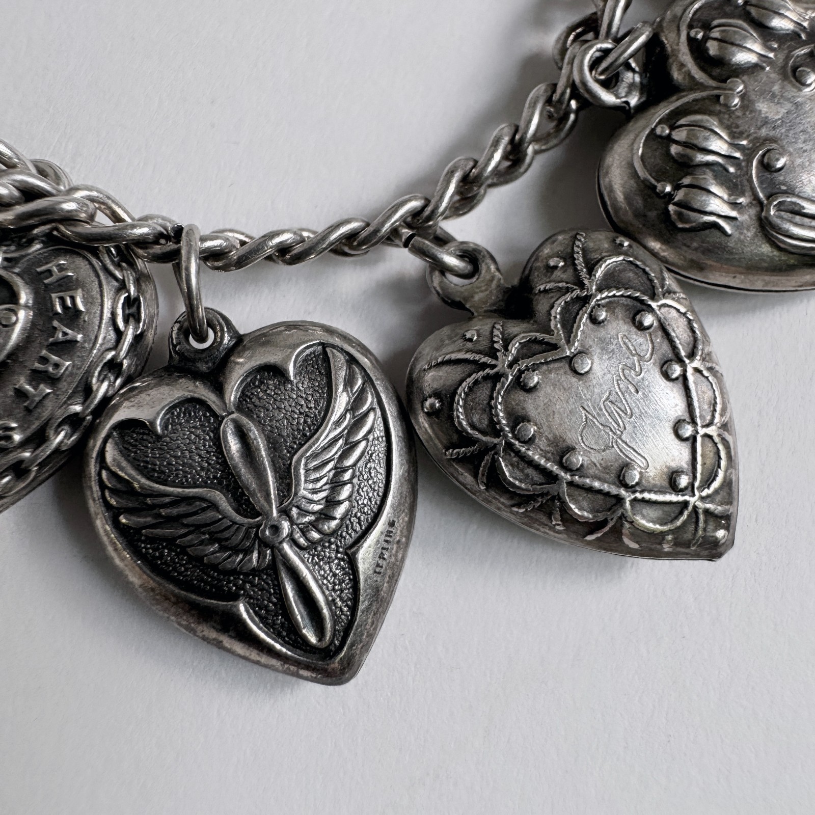 Vintage WWII Sterling Silver 925 Puffy Heart Sweetheart Bracelet w/ 14 Charms