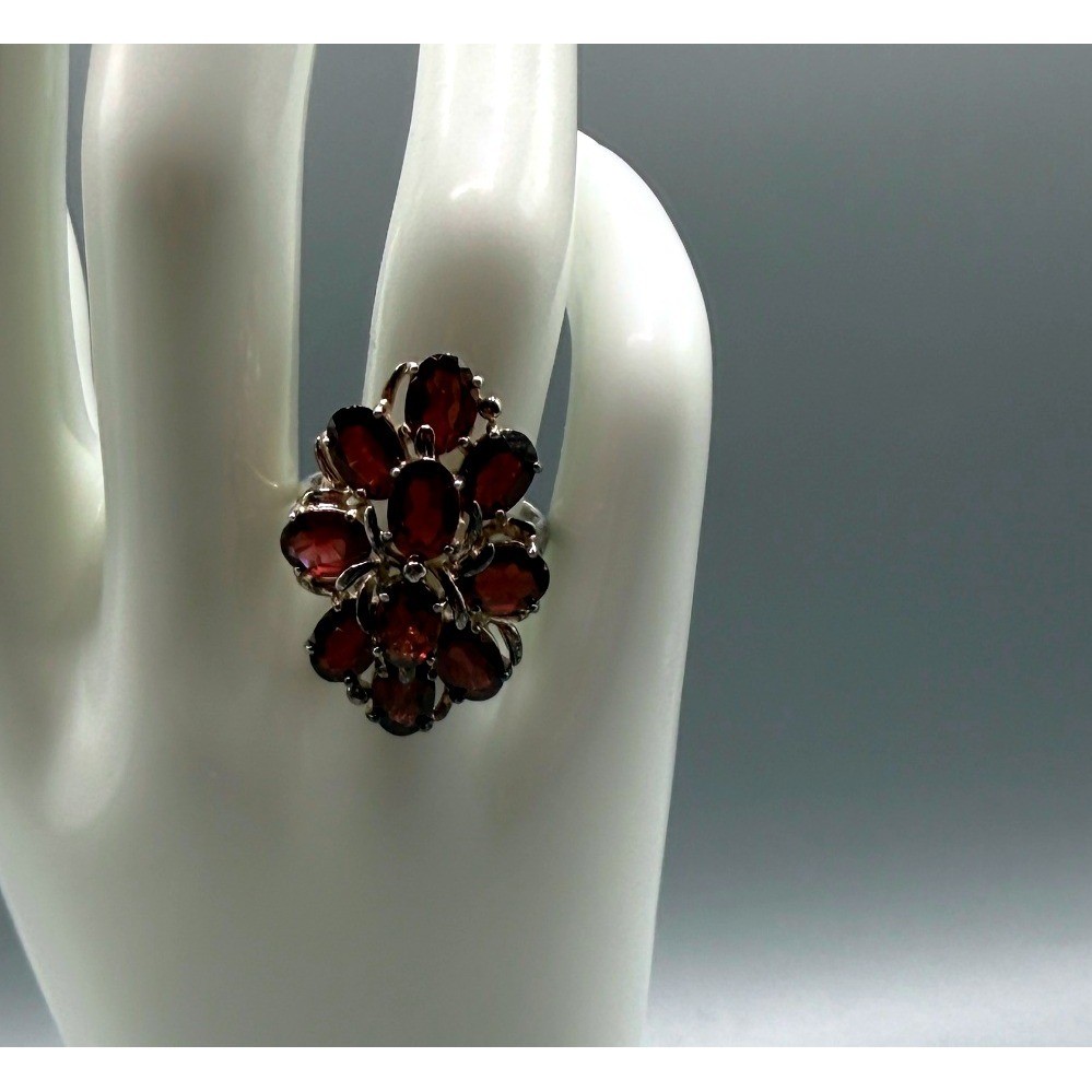 Vtg 925 Sterling Silver Garnet Floral Cluster Statement Cocktail Ring Sz 7.75
