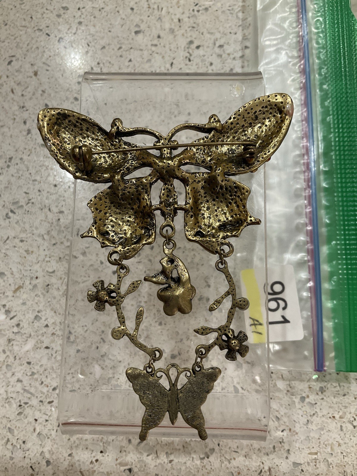 Vintage Enameled Butterfly Dangle Brooch Pin Rhinestone Whimsical Fantasy