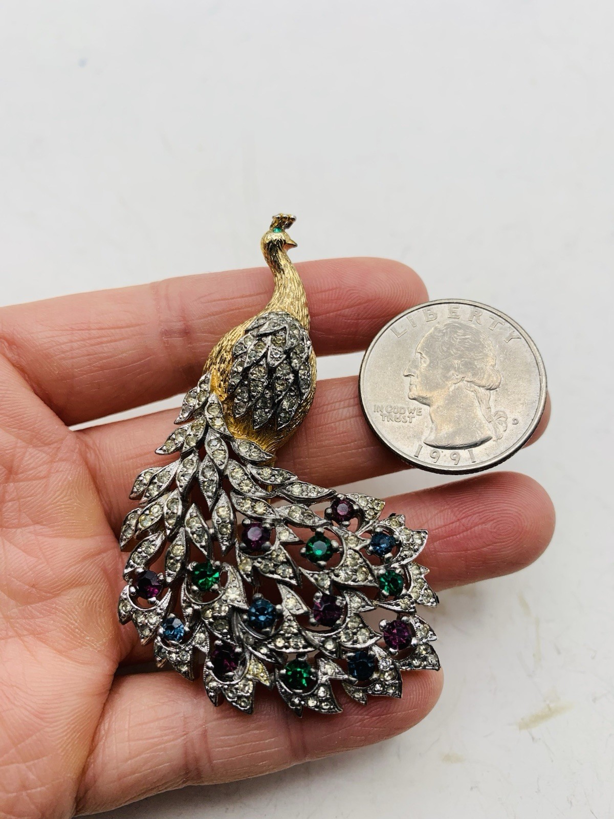 Vintage Signed Panetta Peacock Bird Crystal Gold Tone Blue Purple Green Brooch