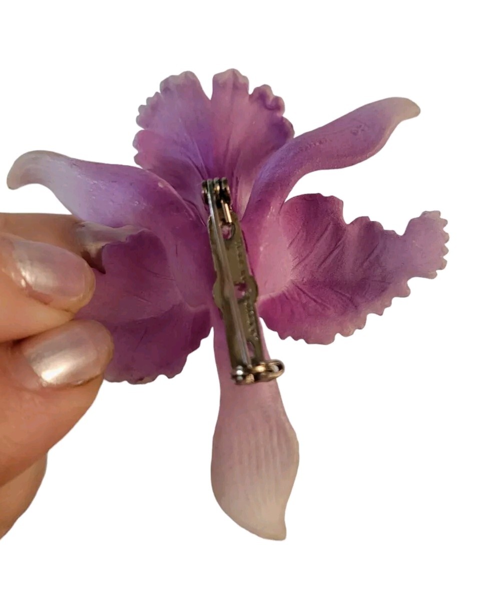 Vintage Acrylic Orchid Brooch With Pearl Purple Germany 2.5″