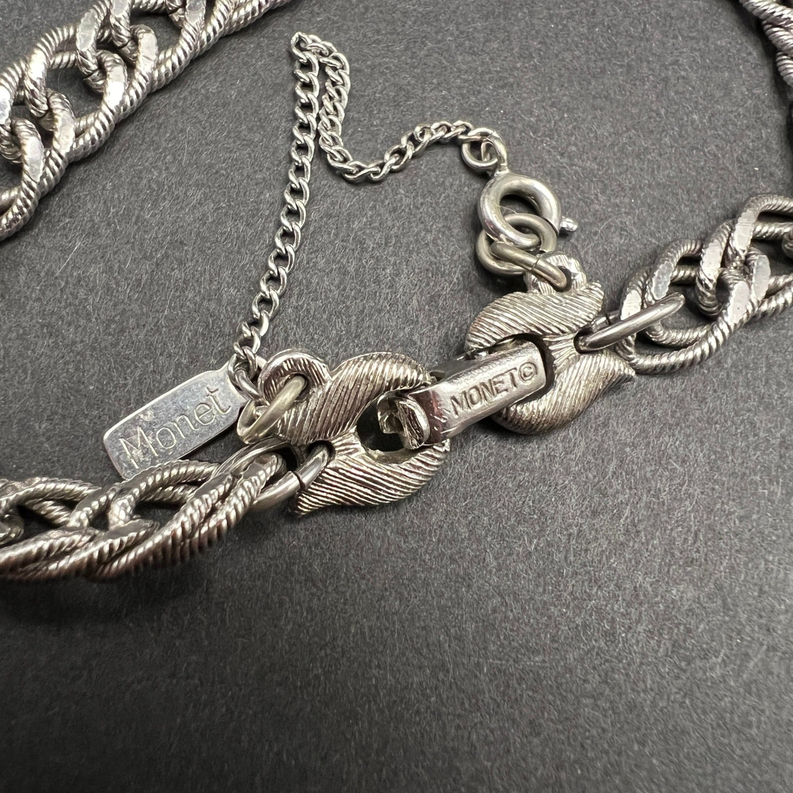 Vintage Monet Double Curb Link Bracelet Silver Tone Textured Safety Chain Signed