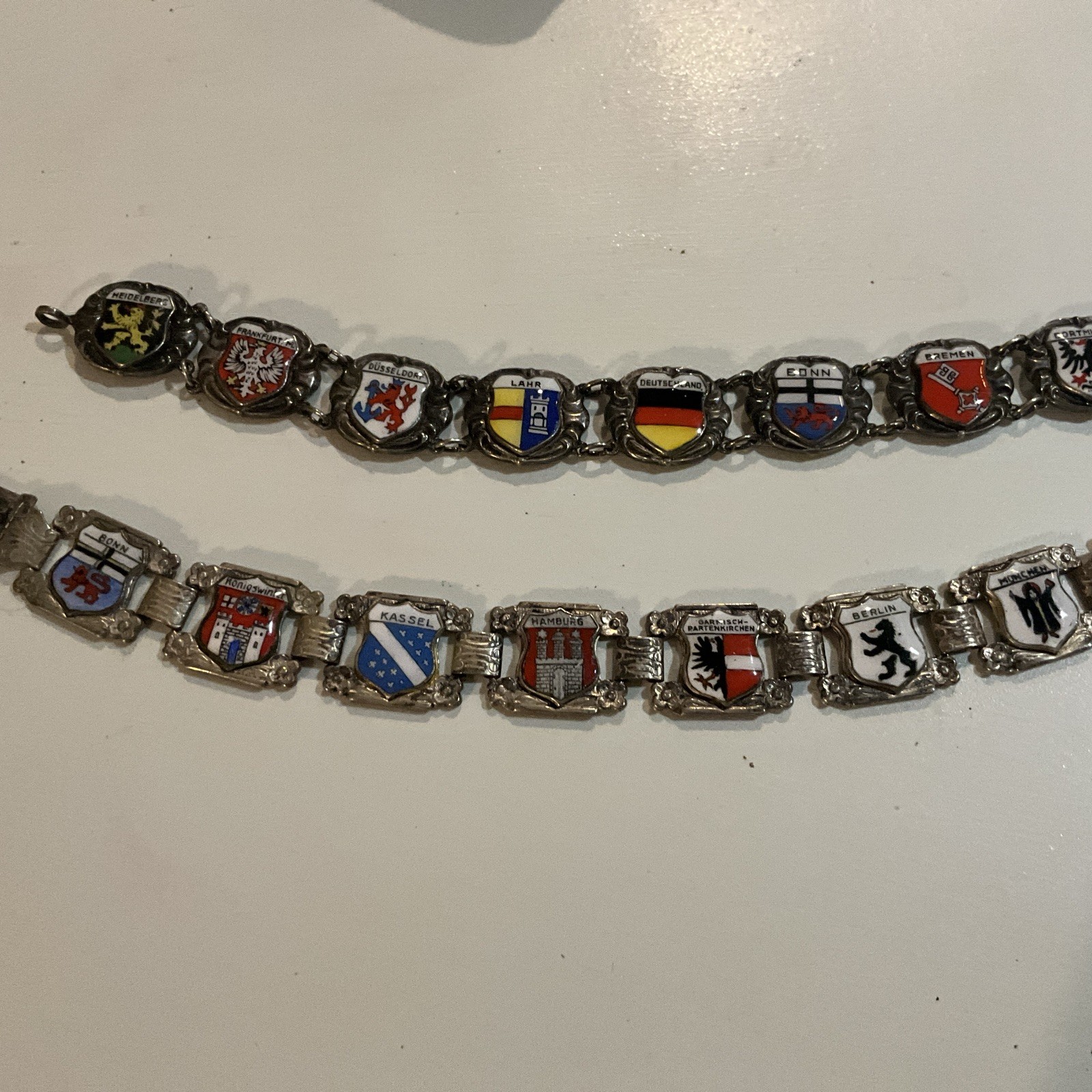 2 Vintage Coat Of Arms Heraldic Enamel Panel Bracelet 1950s GERMANY SILVERPLATED