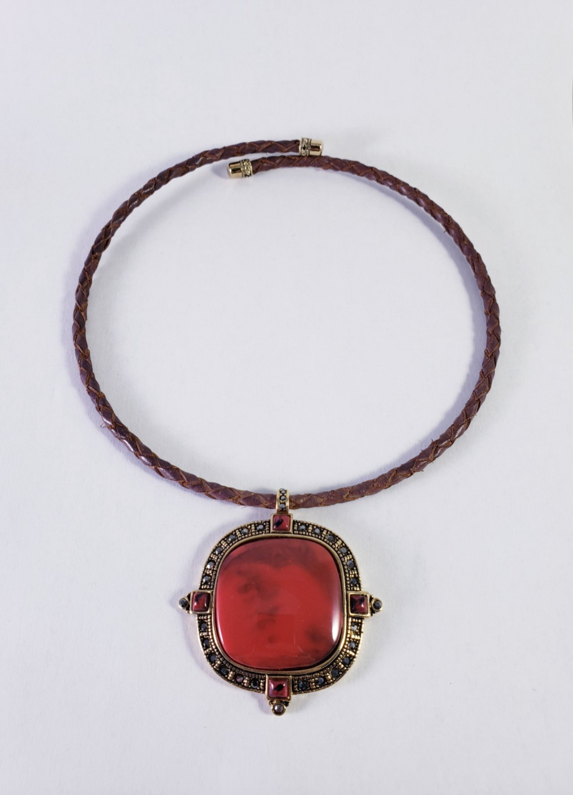 Monet Simulated Red Gemstone & Rhinestone Pendant Cord Choker Necklace