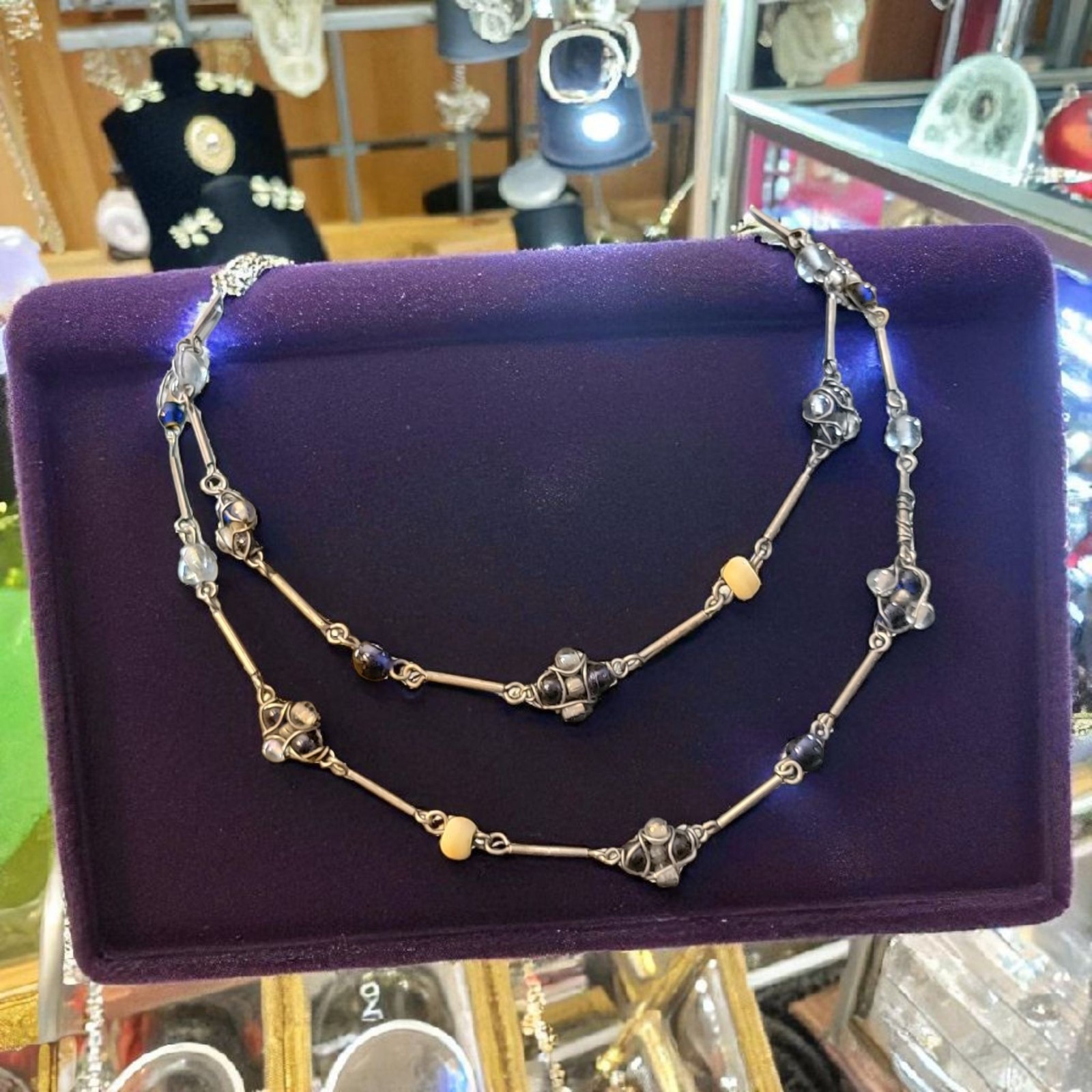 1960’s Classic Necklace Multi Beaded Blue Cluster Wire Wrapped Art Glass Hippy
