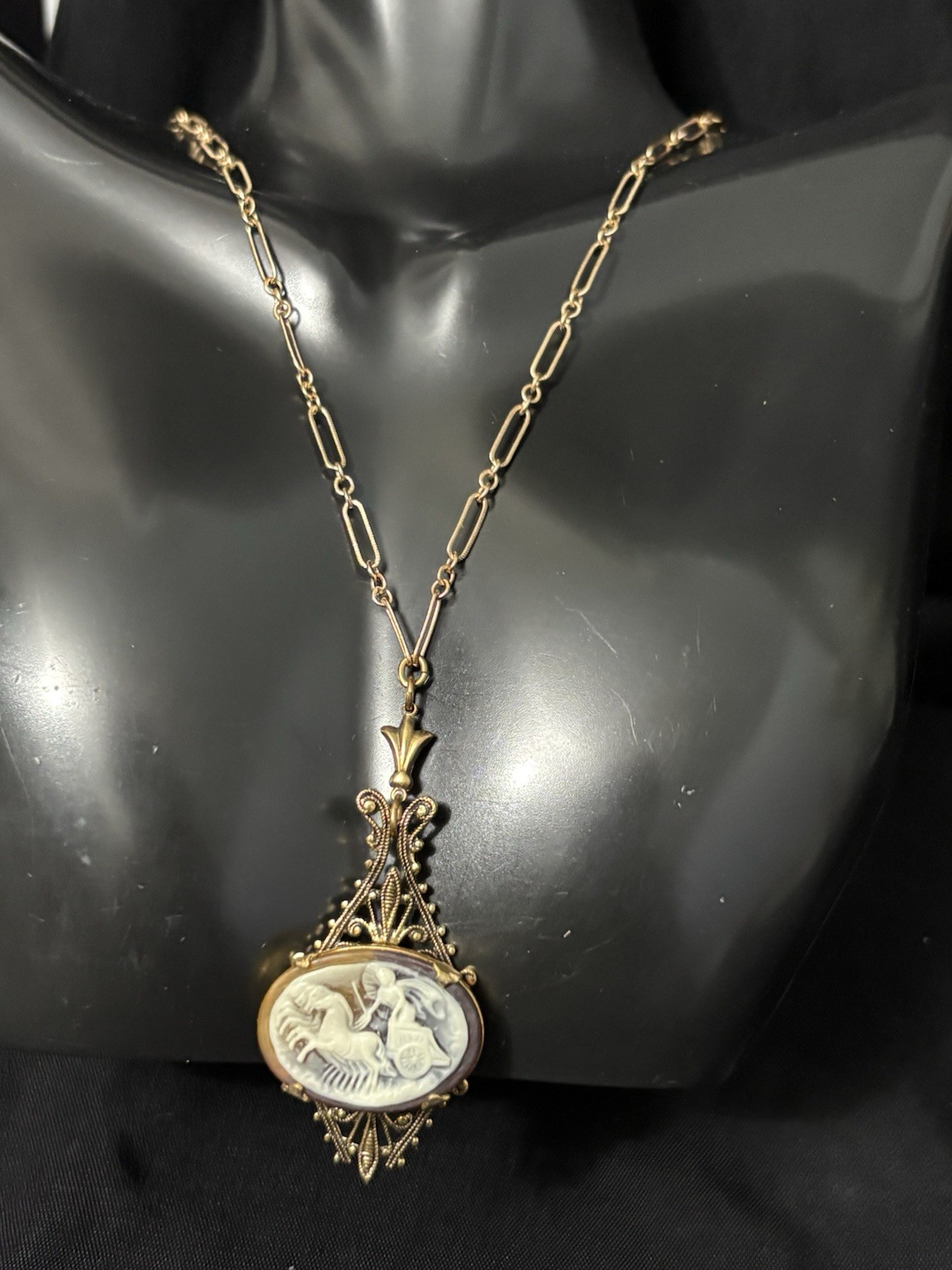 victorian Revival Cameo Pendant Necklace Gold Tone equestrian Horse Chariot 19”