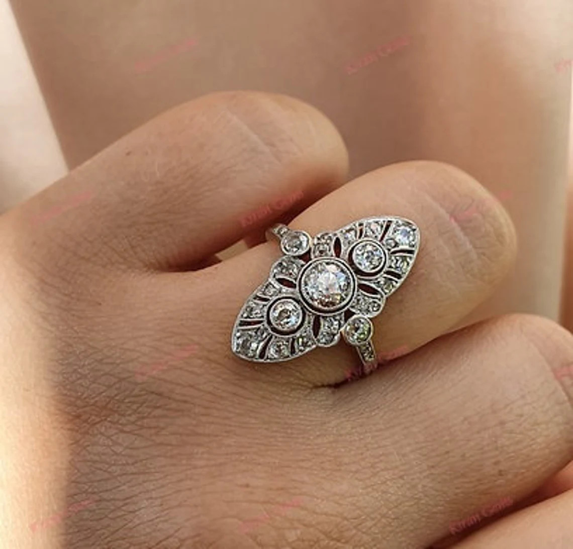 Art Deco 1.80CTW White Round Simulated Diamond Antique Three Stone Silver Ring