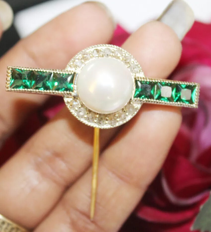 0.85ct Rose Cut Diamond 925 Silver Emerald Pearl Anniversary Wedding Stick Pin