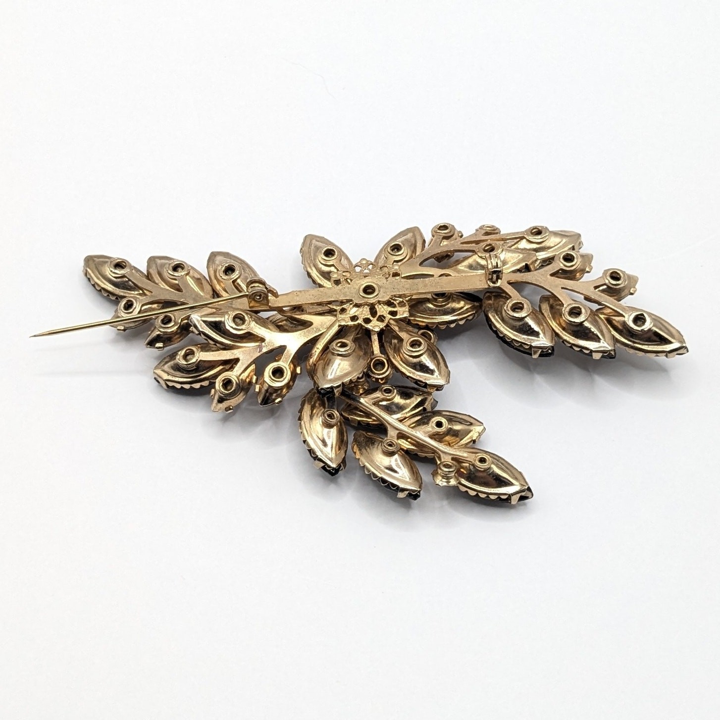 Vintage Large Amber and Yellow AB Glass Rhinestone Gold Tone Flower Brooch 4in