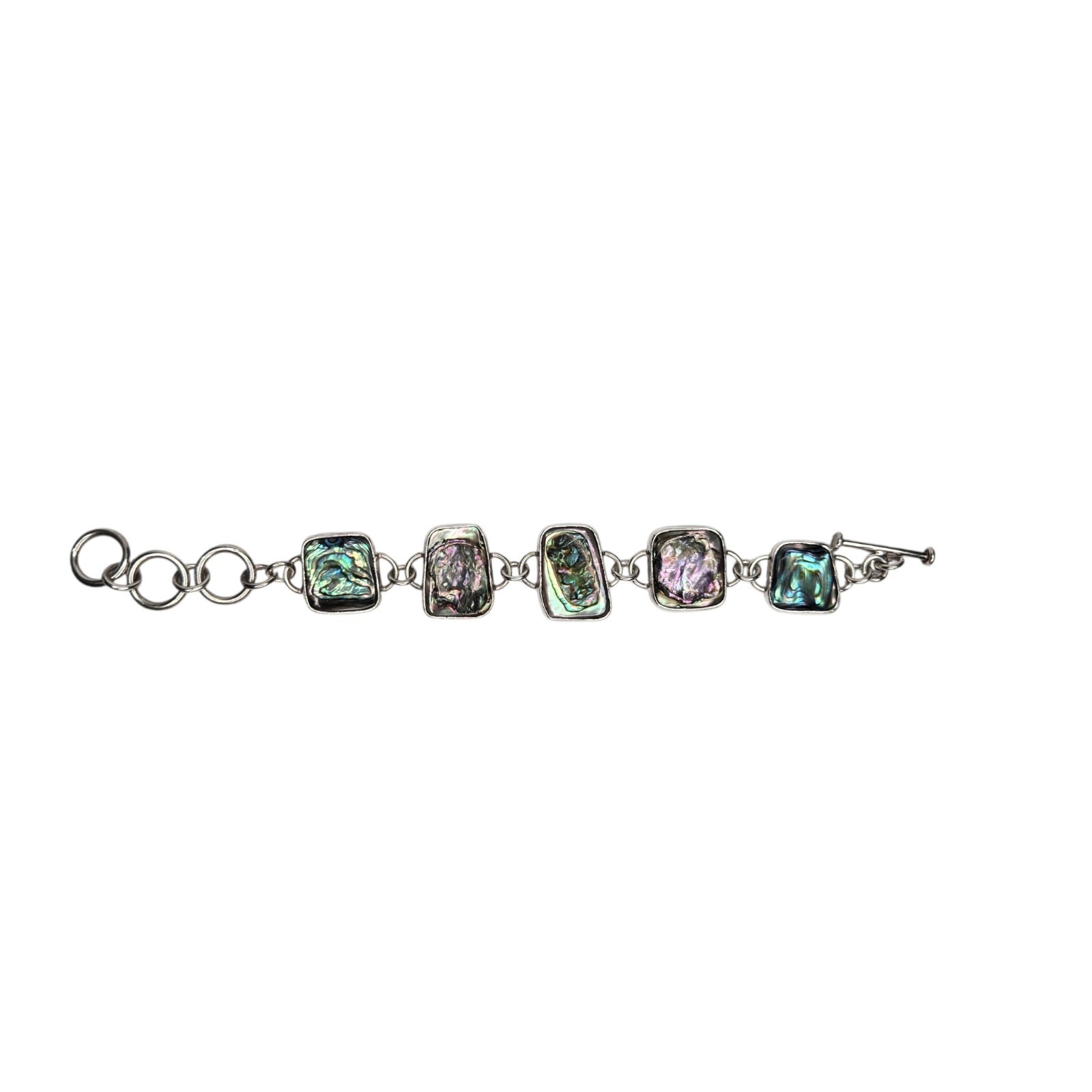 Heavy 925 Sterling Silver Abalone Shell Link Bracelet Artisan Paua Toggle Clasp