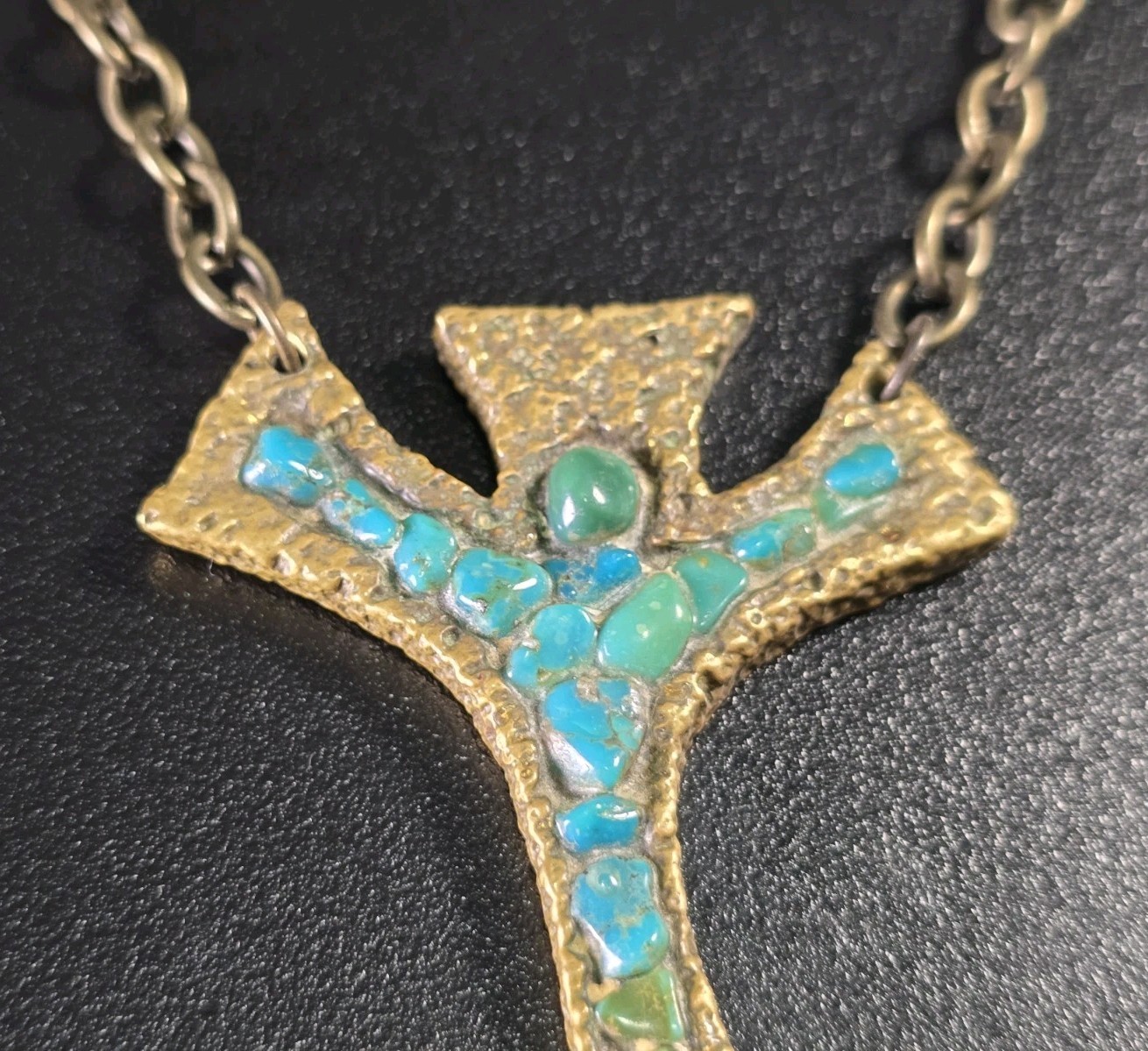 Vintage Mid-Century Brutalist Brass Turquoise Drop Pendant Necklace