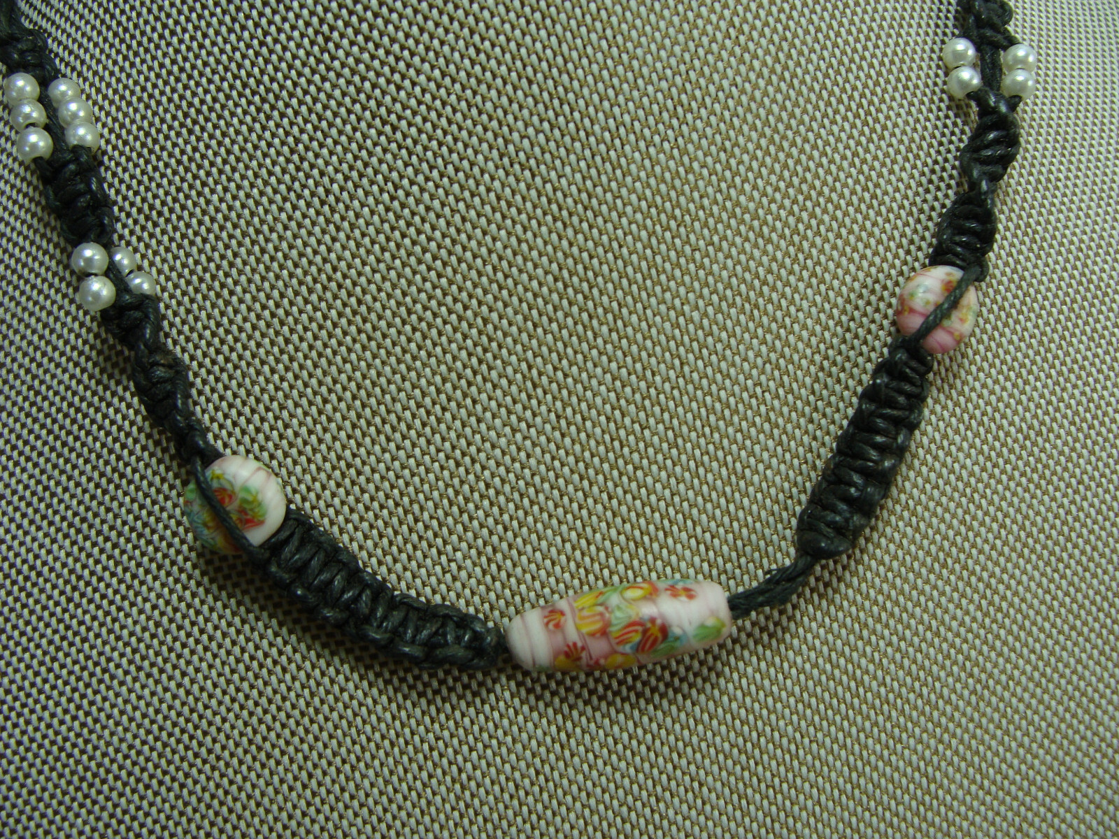 Vtg Millefiori Glass Bead Faux Pearl Hemp Macrame Bohemian Hippy Choker Necklace