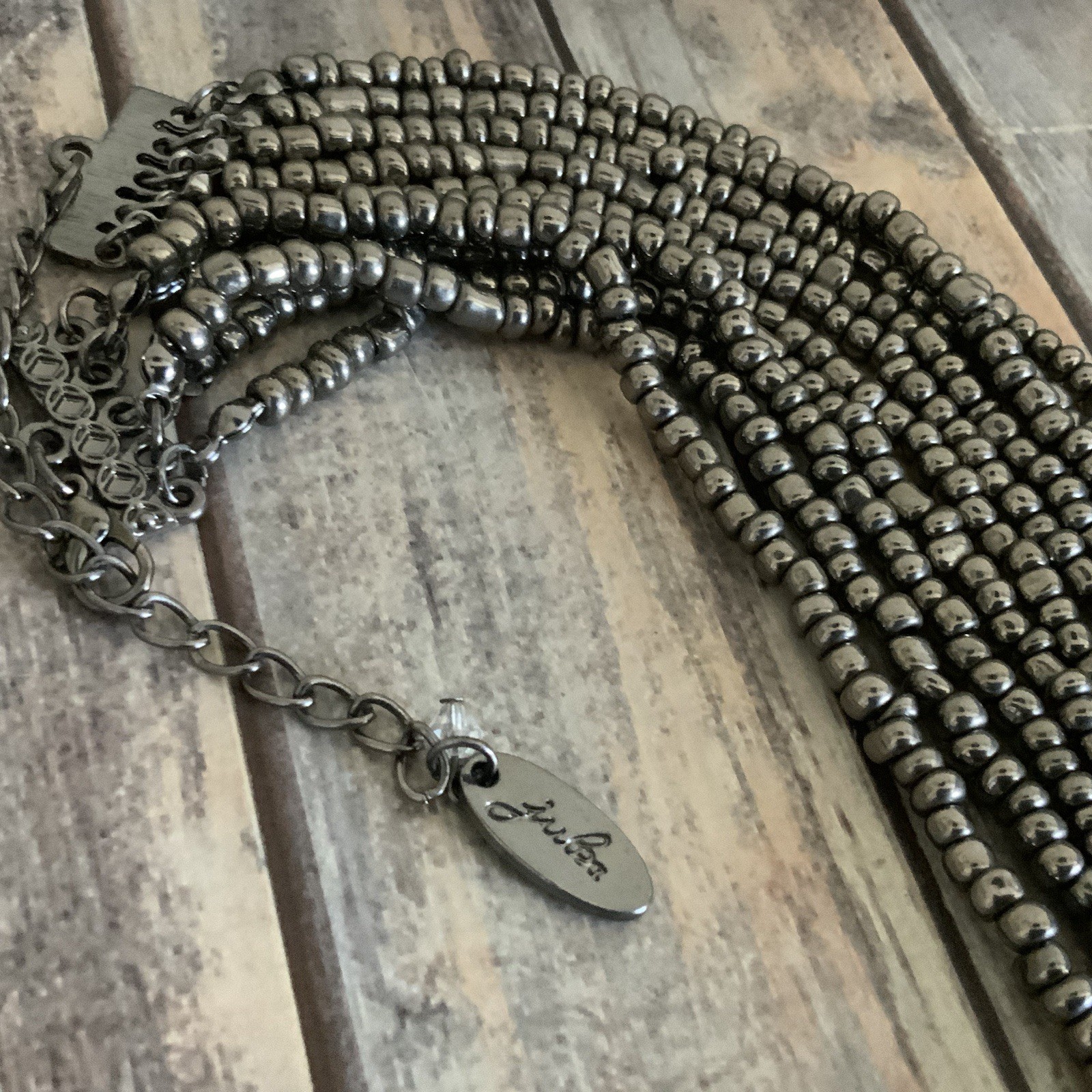 Signed Julea necklace gray glass seed beads and fresh water pearl necklace