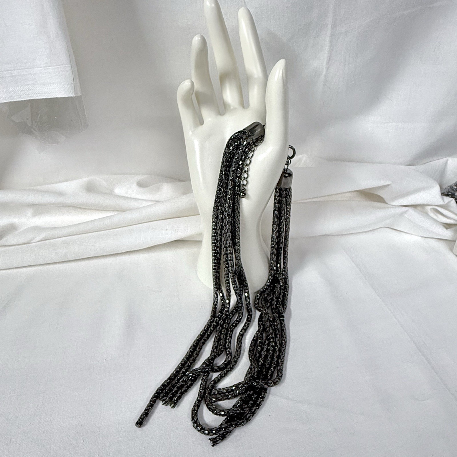 Vintage Gothic Punk Gunmetal Crystal Multistrand Station Statement Necklace 90s