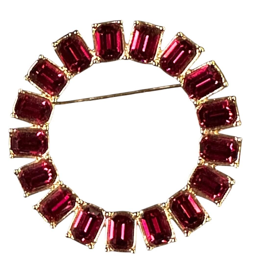 Vintage Jewelry Signed Monet Beautiful Deep Red Rhinestone Circular Pin Brooch