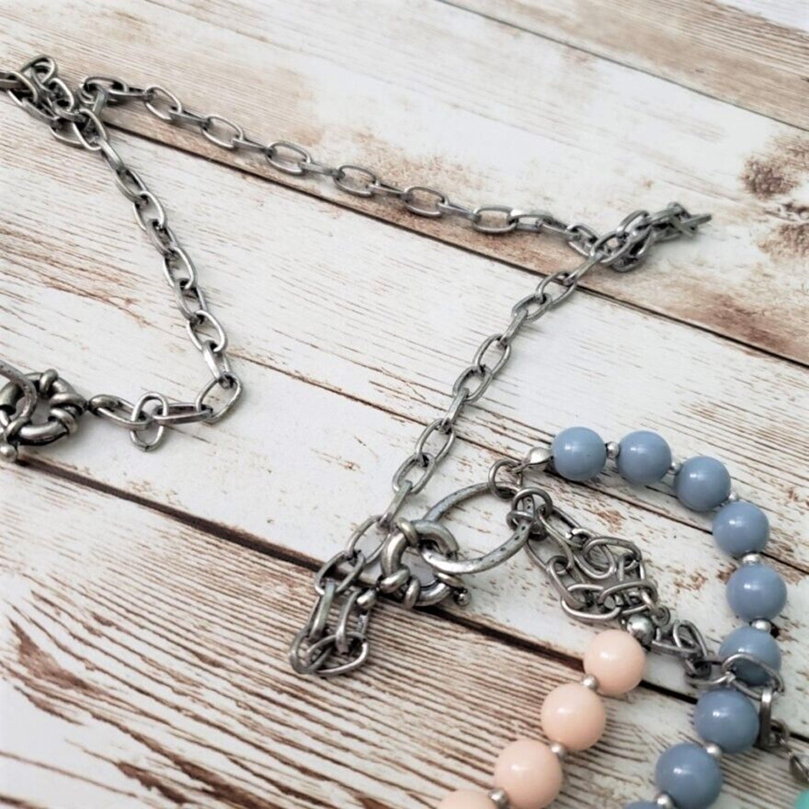 Vintage Necklace – Three Strand Layered Light Pink, Blue and Turquoise Tones