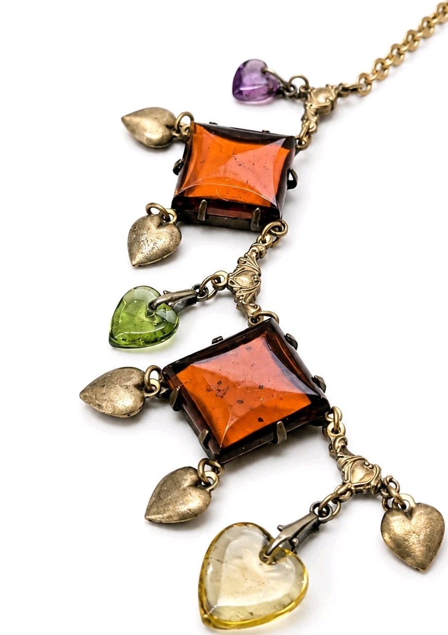 Vtg Art Glass Works Studio Brass Heart Charm Statement Necklace Amber Multi