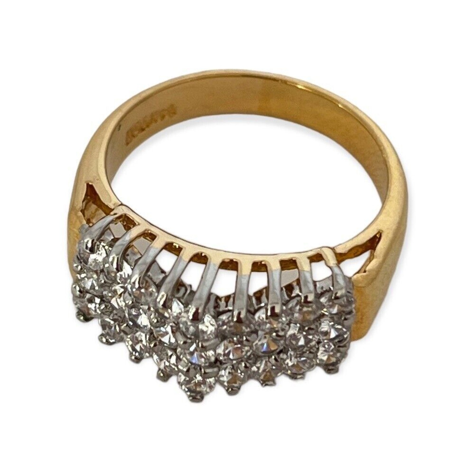 Vintage 1980s Ring Size 6 CZ Cluster Three Row Prong Set Gold Plated – 14M