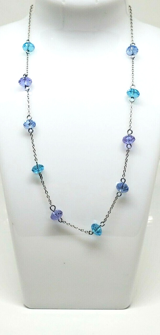 Vintage Beaded Purple Blue Necklace Rhinestone Silver Tone 18″ Adj