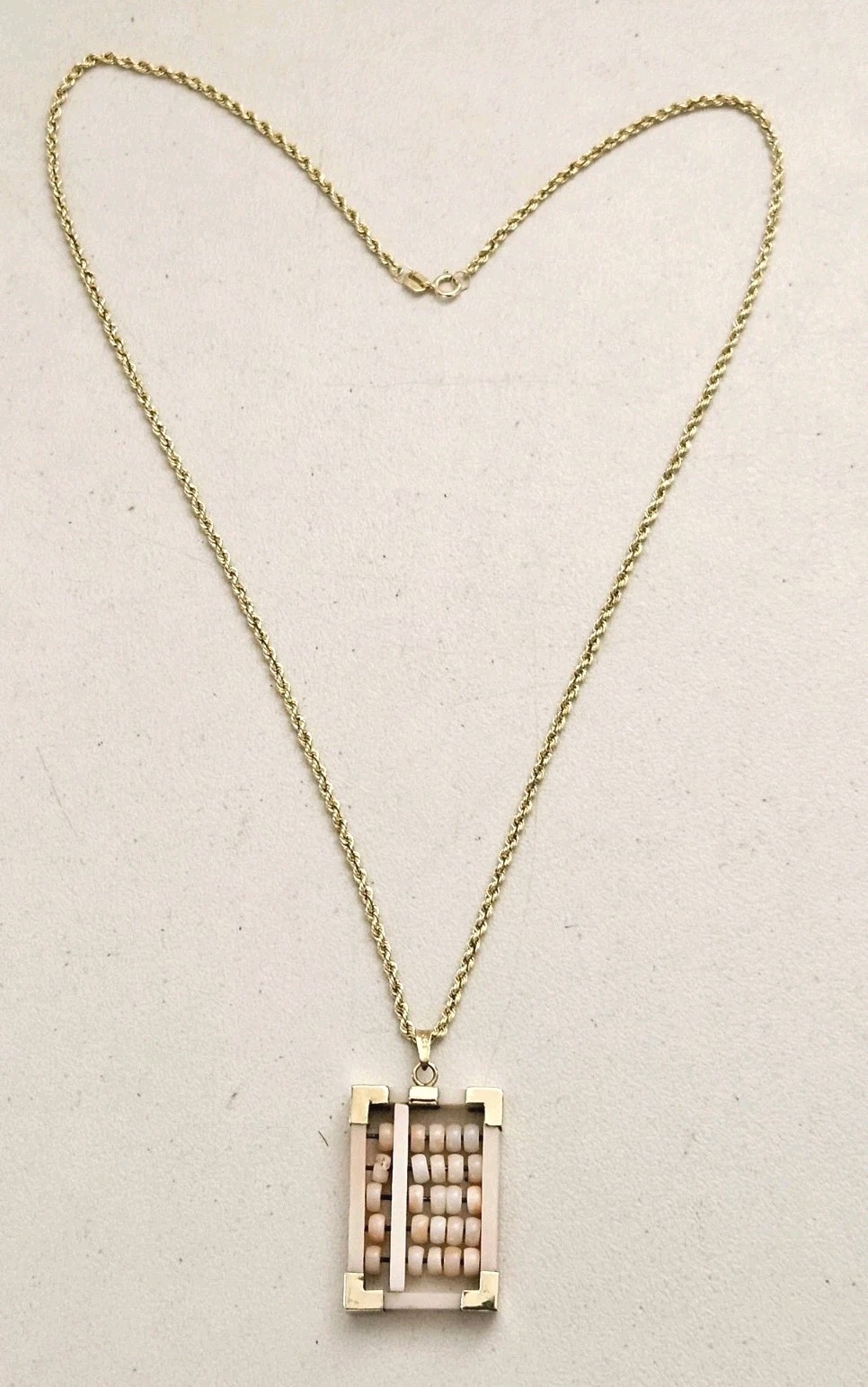 Vintage 14K Gold Angel Skin Coral Abacus Pendant 2mm Rope Chain Necklace 18-3/4″