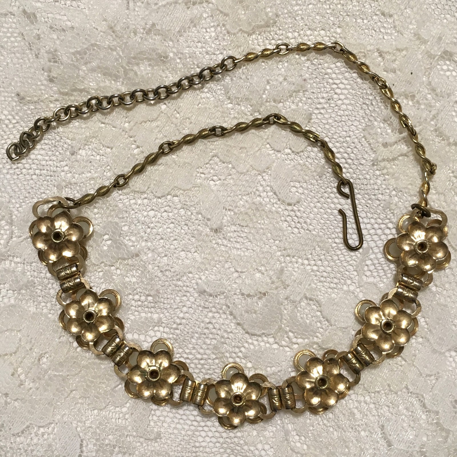 Vintage Boock Chain Floral Necklace Rhinestones Faux Pearls Gold Tone Statement
