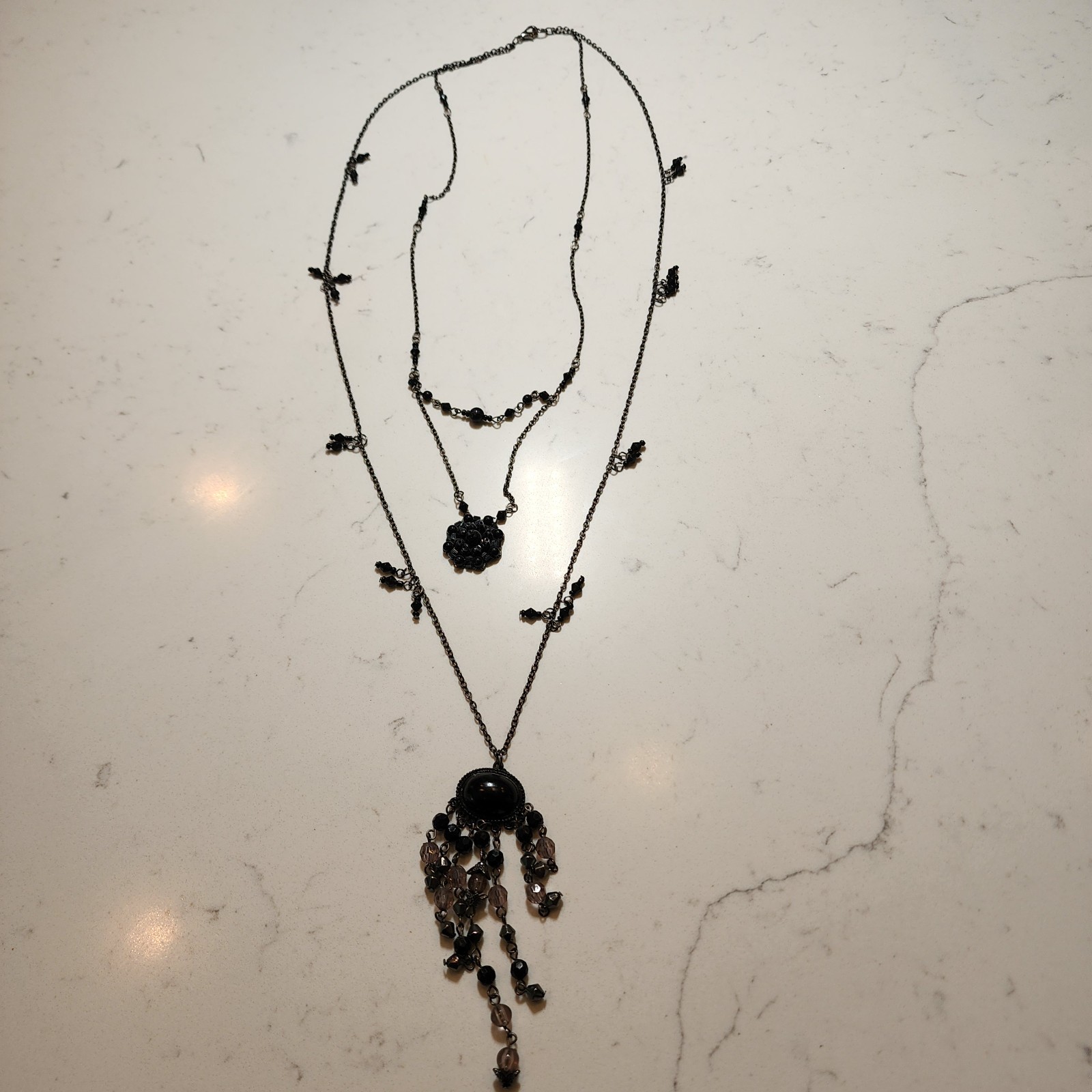 VTG Victorian Style 3 Layer 32″ Necklace Black with Silver Tone