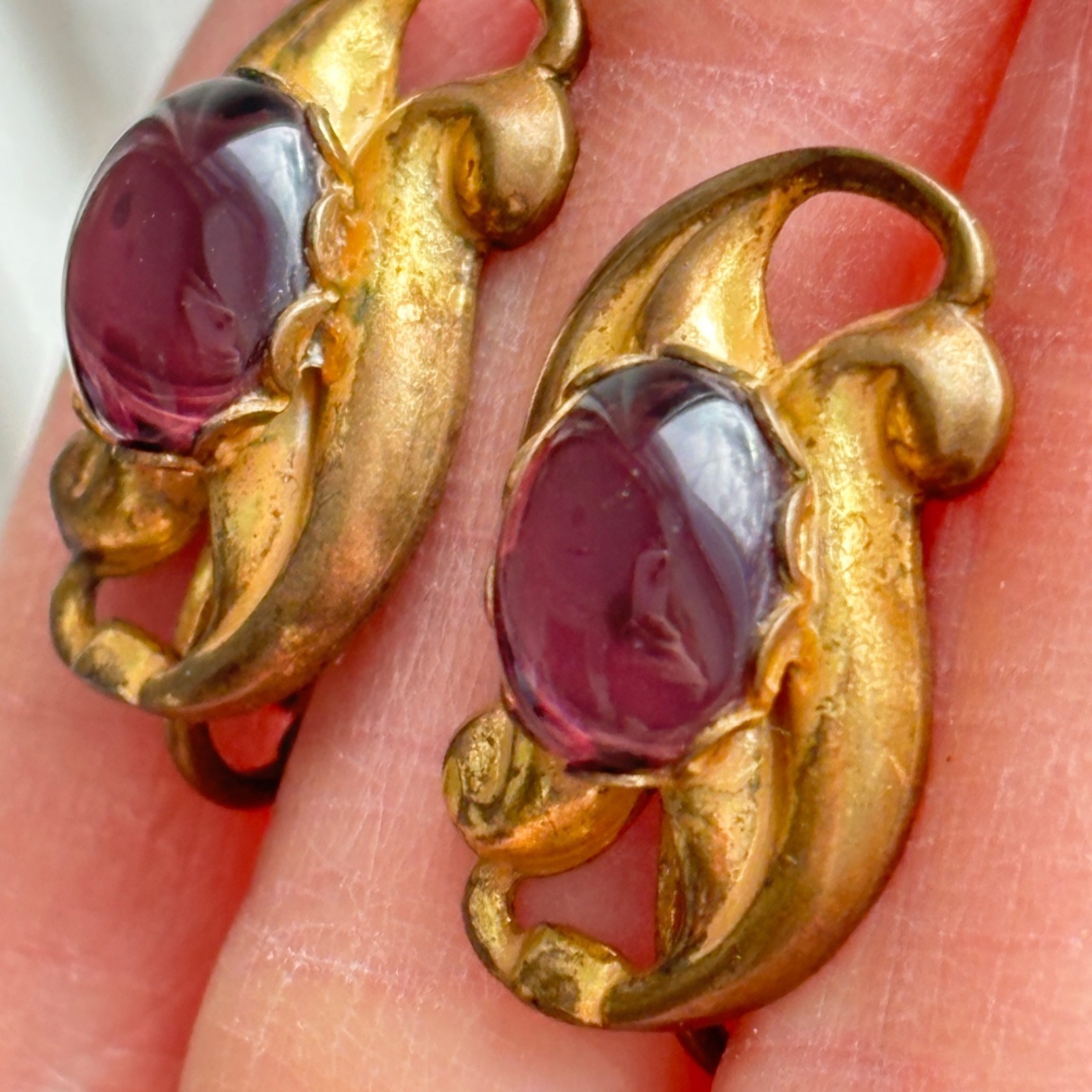 Vintage Miriam Haskell Earrings Signed Purple Pink Gripoix Glass Cabochon