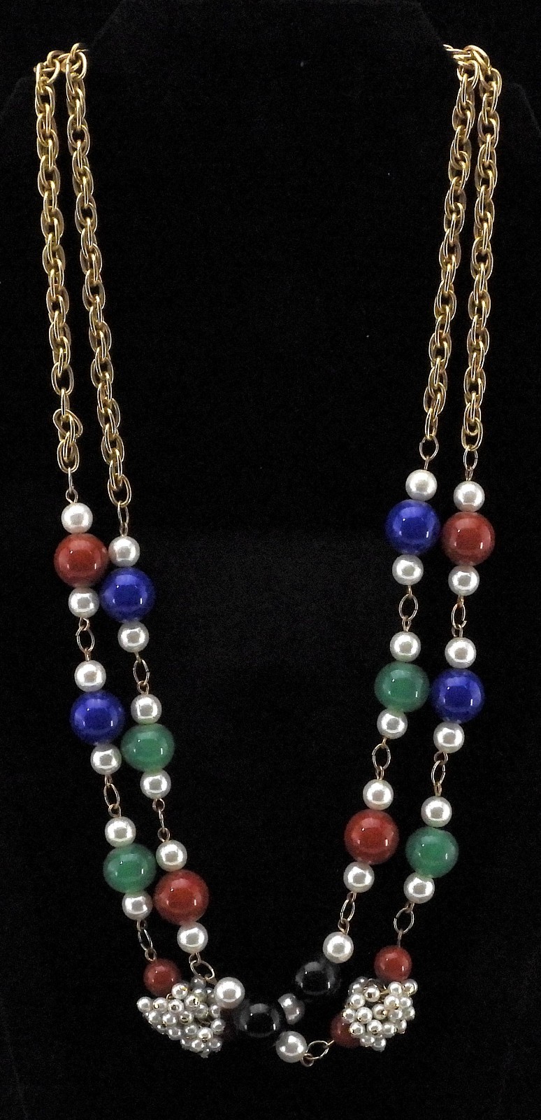 Vintage GEOFFREY BEENE Kramer Long Gold Tone Chain w Red Blue Green Pearl Beads