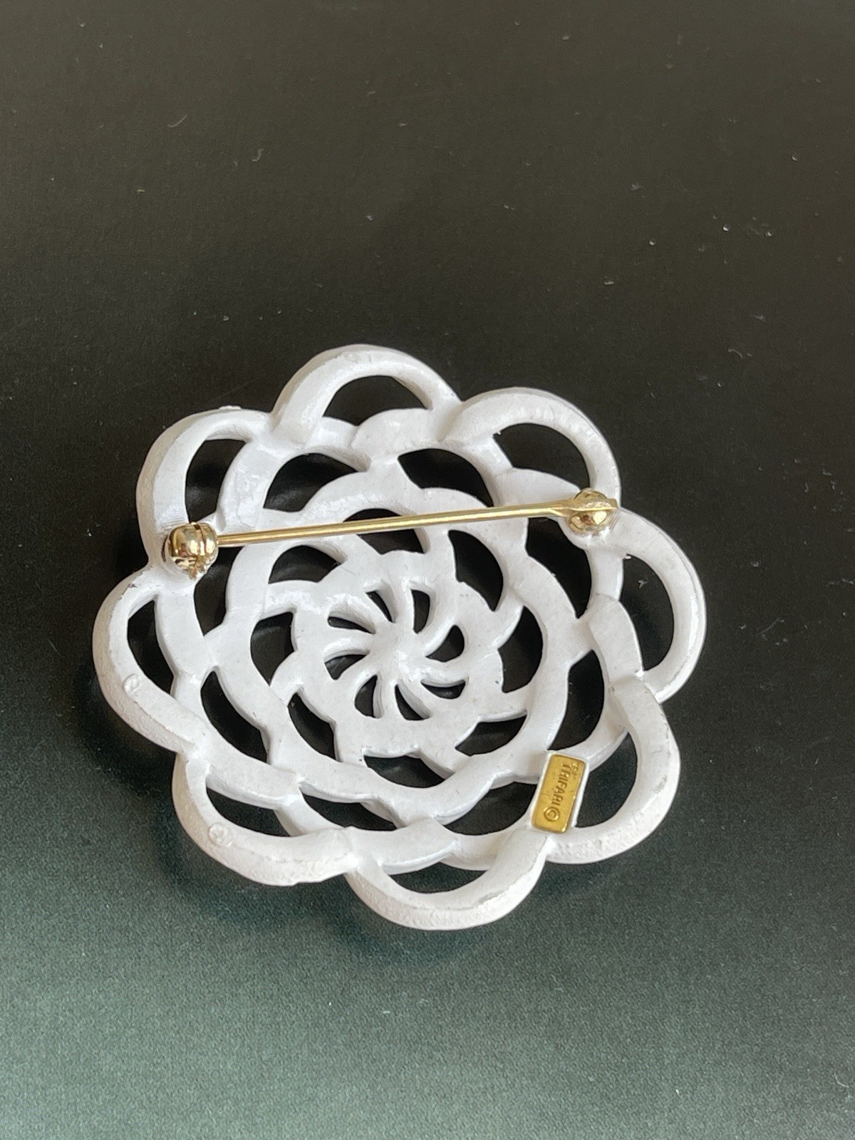 Vintage Signed Trifari White Enamel Spiral Brooch