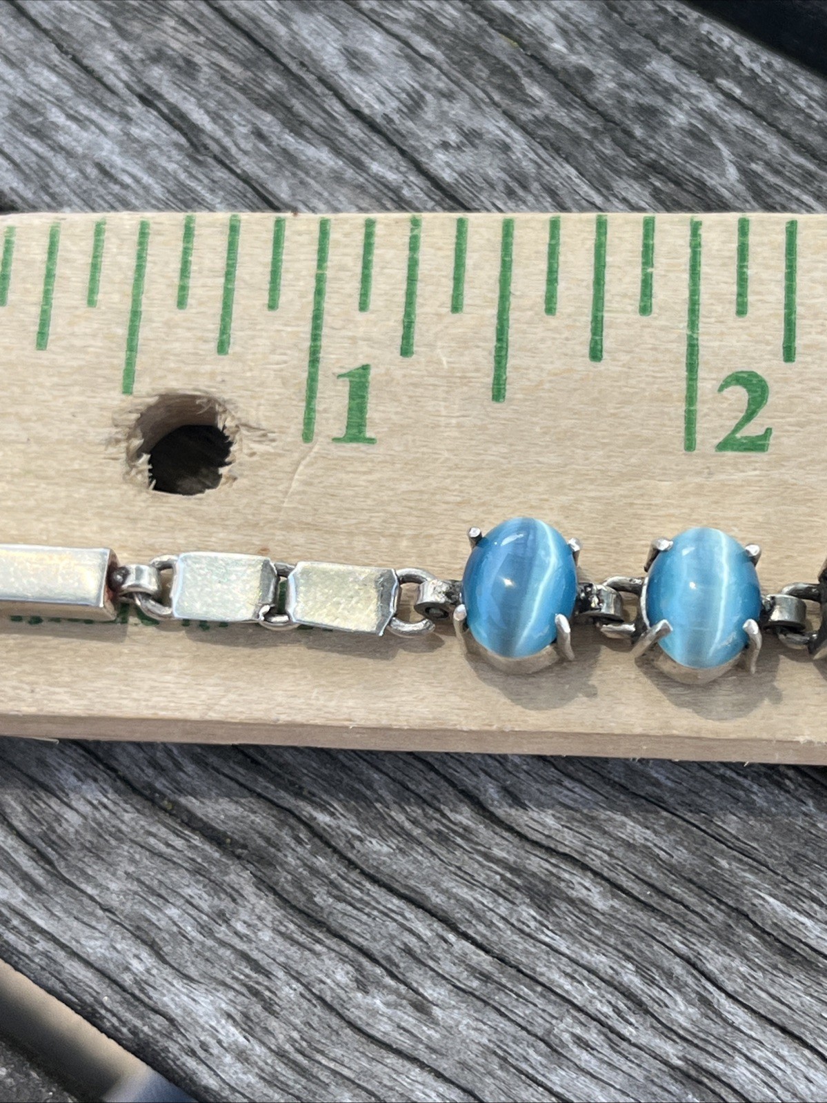 Vintage Blue Cats Eye Gem Stones Silver Bracelet Small