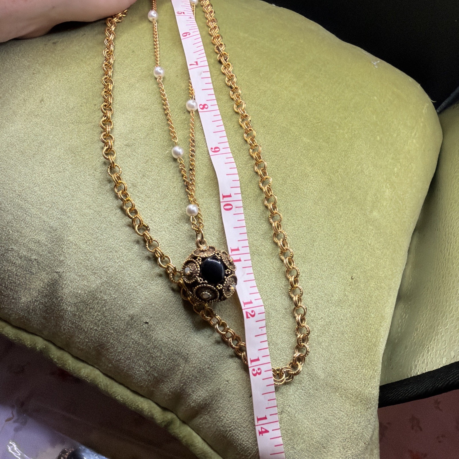 Victorian Revival Black Onyx Cabochon Pearl Station Pendant Necklace Long