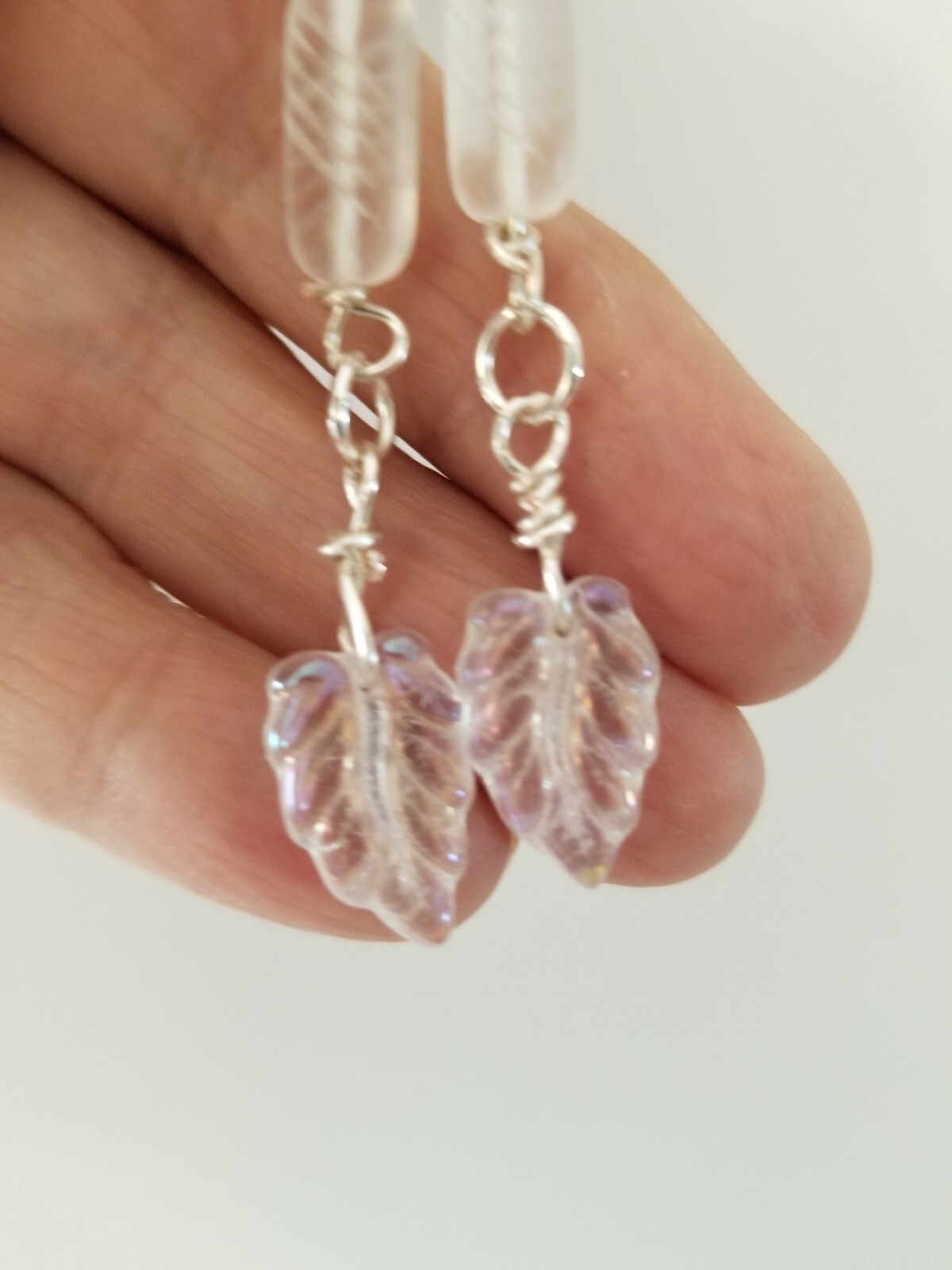 Carved frosted quartz lozenge an leaf 80 yrs. beads Japan fushia drop earrings