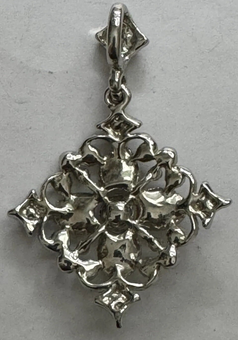 Diamond-Shape Pendant Art Deco Clear Rhinestones Silver Rhodium Plated 2” x 1.5”