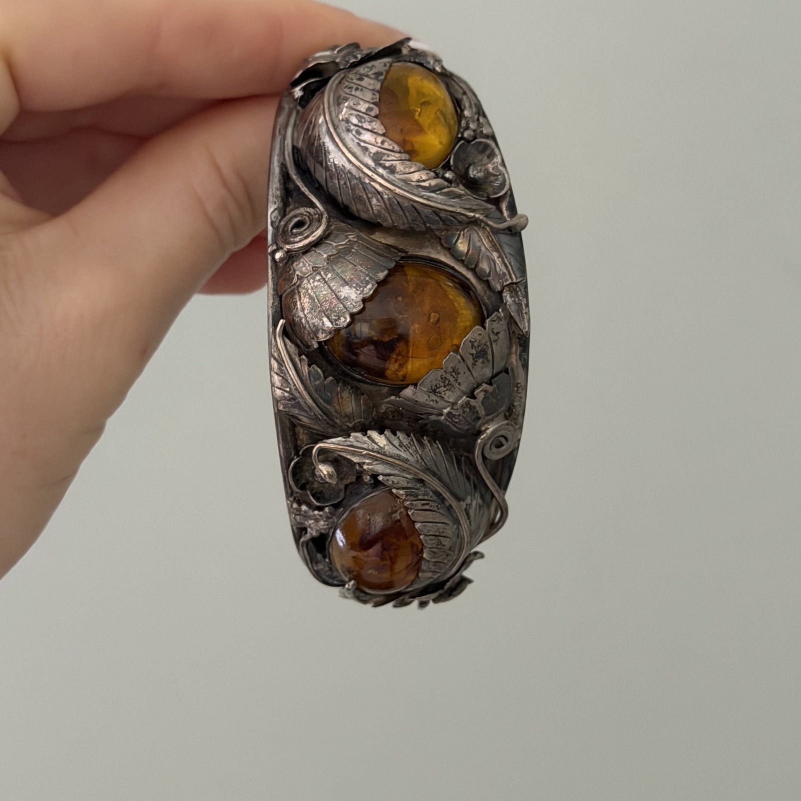 Vintage Sterling Silver Big Chunky Amber Leaf Southwest Cuff Bracelet Heavy
