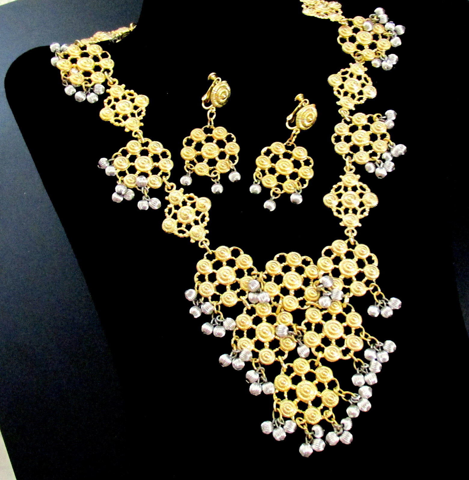 VTG Rare 70s Runway GP/Silver NAPIER Cannetille Filigree BIB NECKLACE EARRINGS