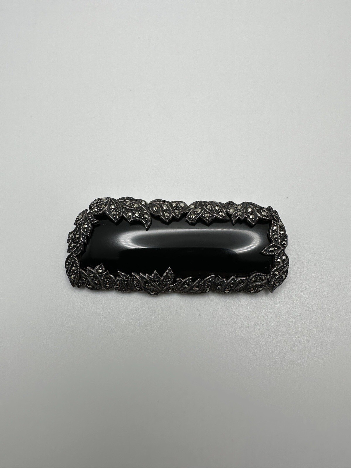 Huge Vintage Sterling Silver Onyx Marcasite Laurel Leaf Brooch 7.5cm BB1