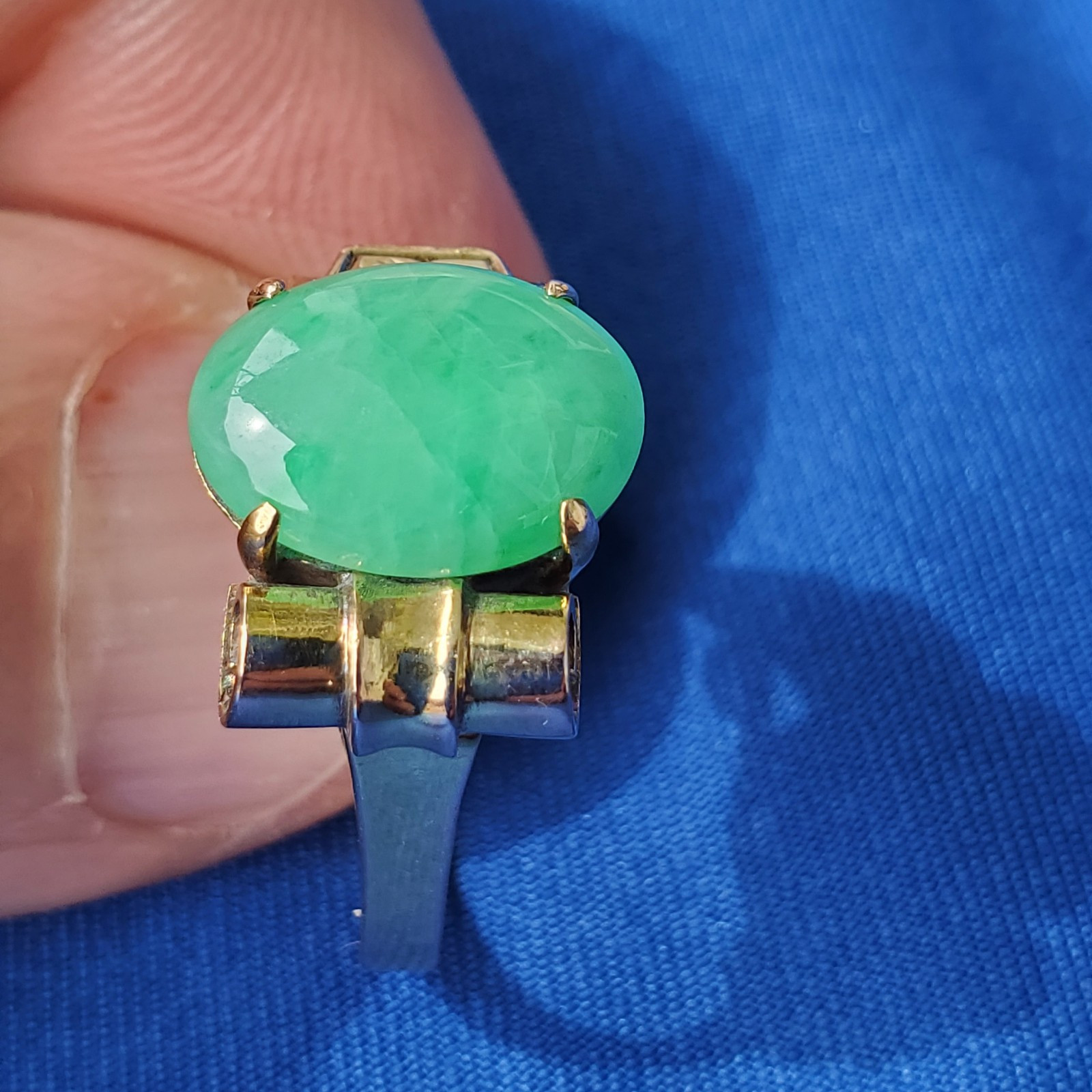 Original EARTH MINED Green Jadeite Jade Antique Engagement Ring SOLID 14K GOLD 8