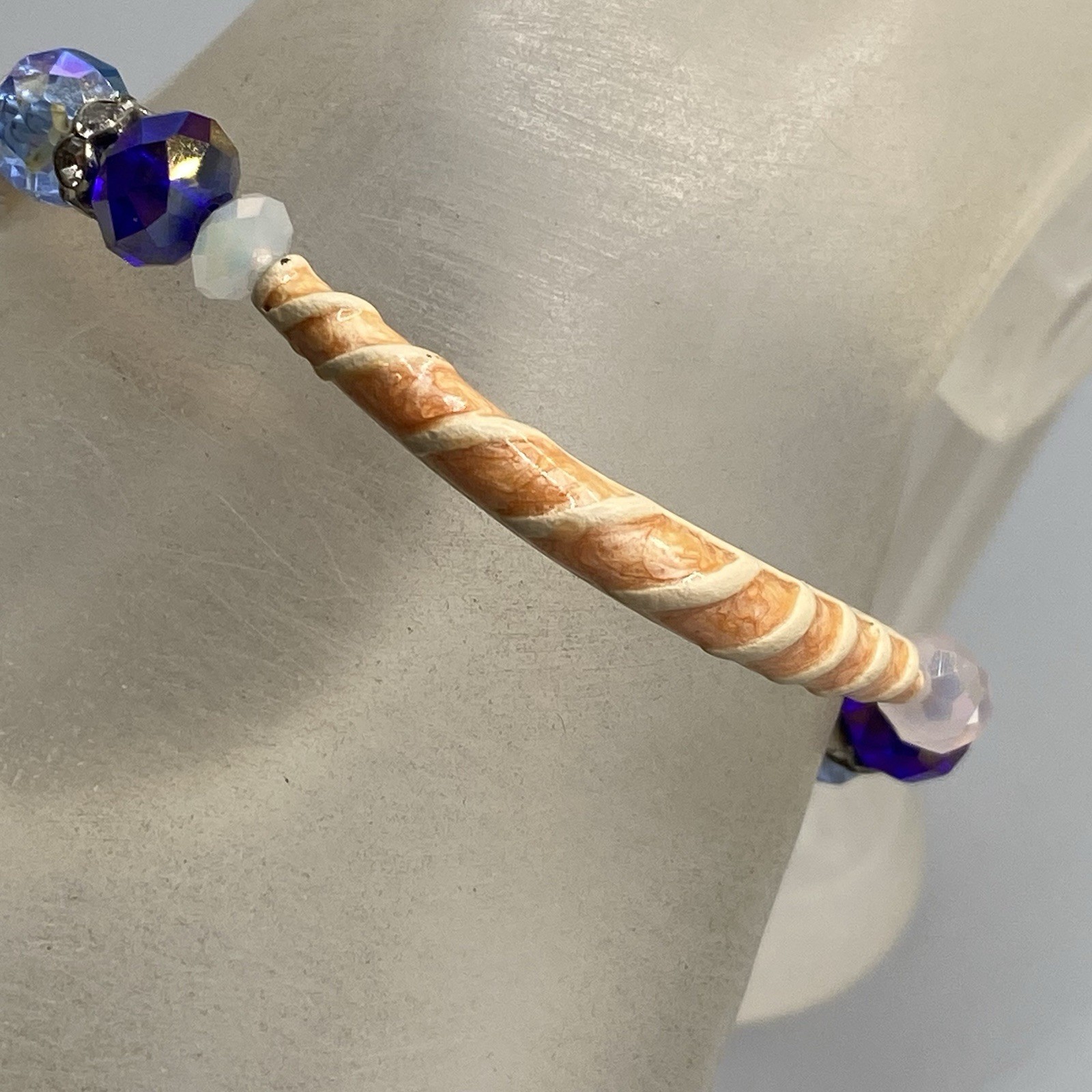 Glass Beaded Bracelet Blue Faceted Fire Polished Cream Tube White Givre Fused 6″