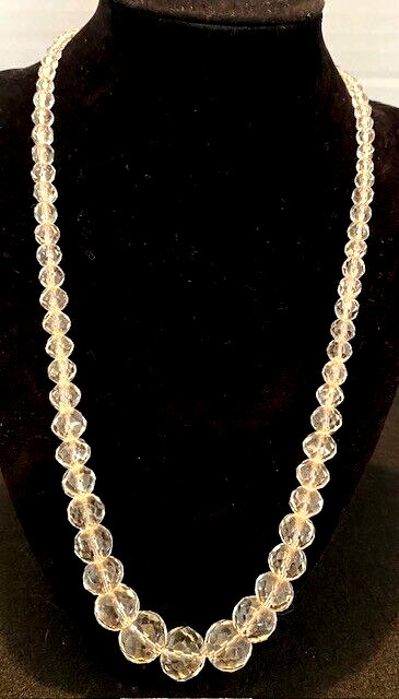 VTG Crystal Glass Faceted Graduated Bead 21″ Sterling/Blue Rhinestone Necklace
