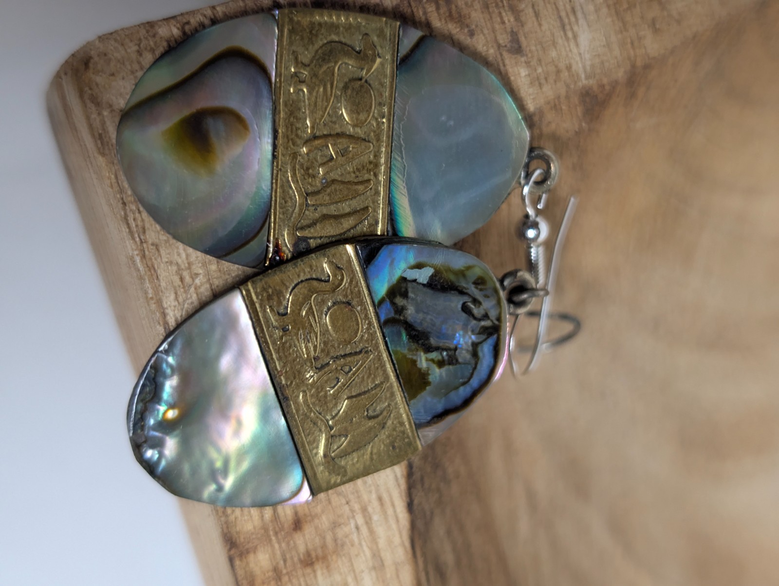 Vintage Alpaca Abalone Carved Sterling Silver Gold Tone Earrings Pierced