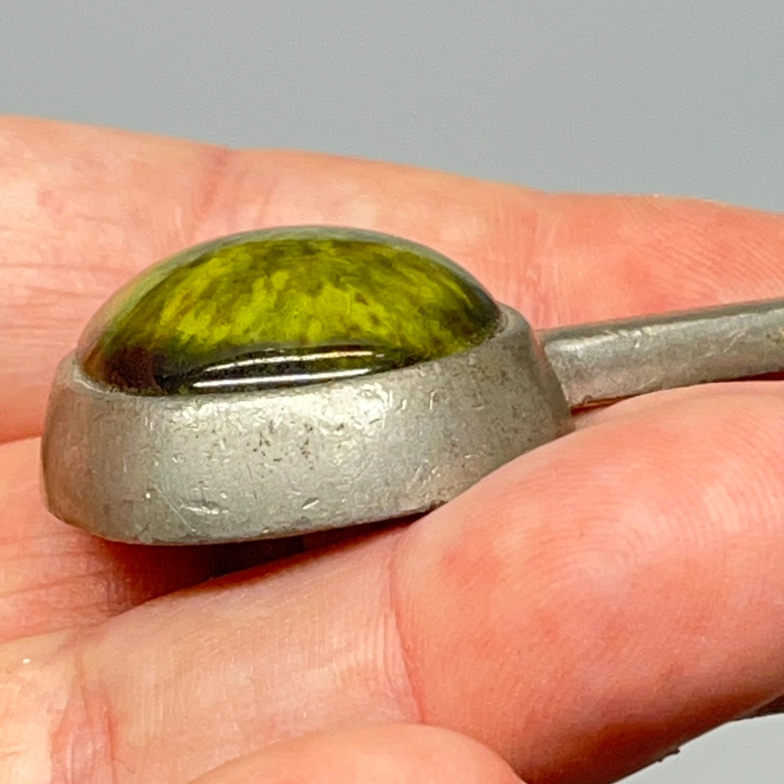 Signed Roland Landerholm Tenn Vintage Modernist MCM Pewter Green Ceramic Pendant