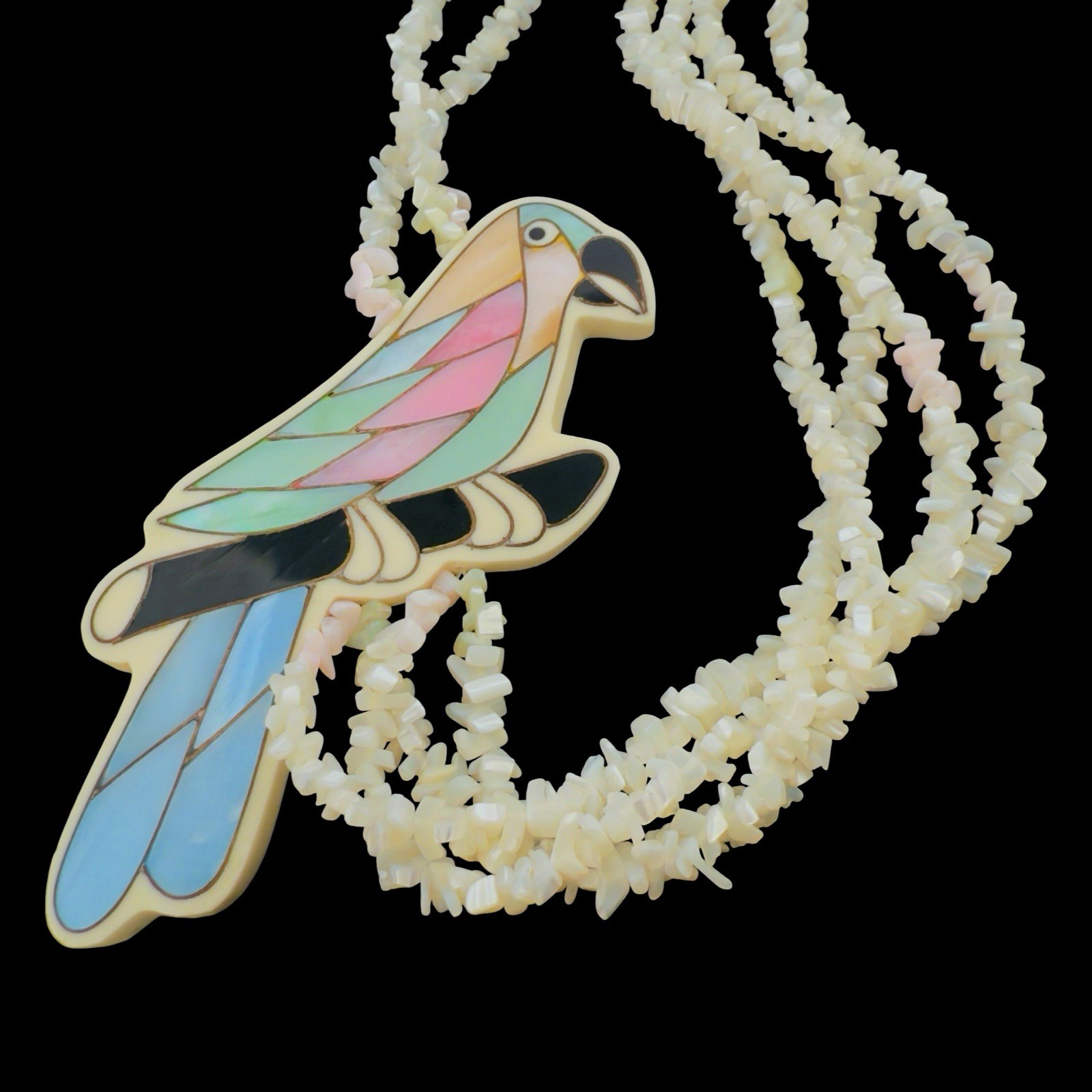 Vintage HUGE 4.5″ Inlay Parrot 🖤 Bird Shell MOP Abalone Shell Layered Necklace