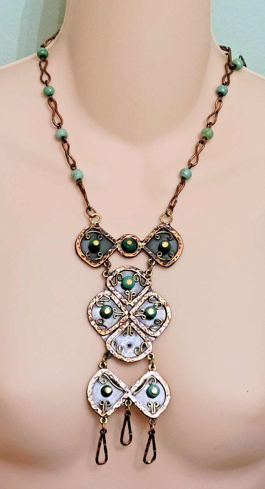 Vintage Casa Maya Copper Brass Green Stone Statement Pendant Necklace as-is ~24″