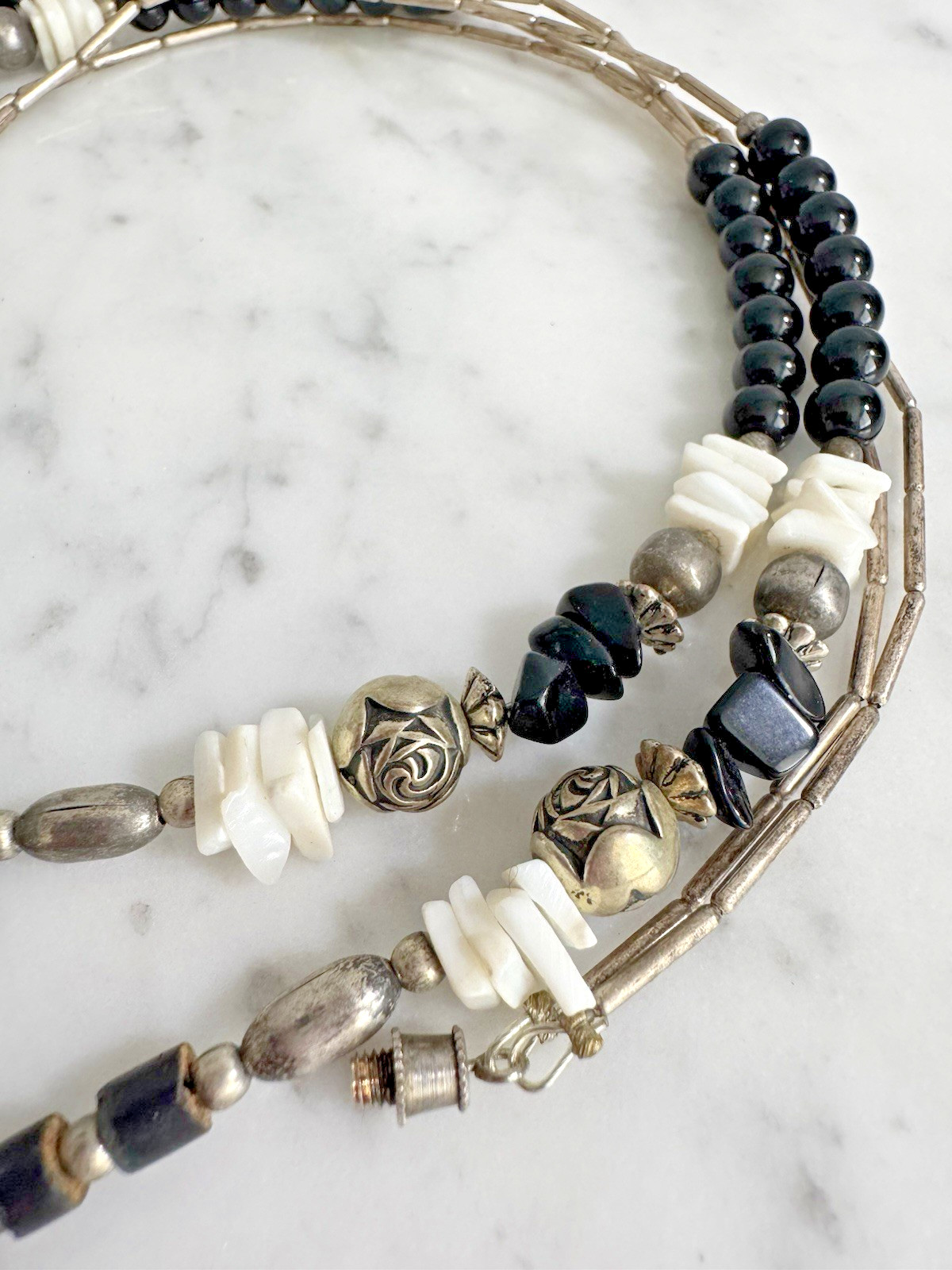 Vtg Silver Tone Liquid Silver Black Onyx Bead & Fringe 2-Strand Layered Necklace